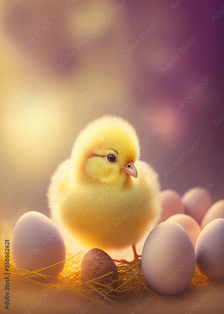 Cute yellow chick and easter eggs in backlit sunlight. A beautiful Easter card created with Generative AI technology.