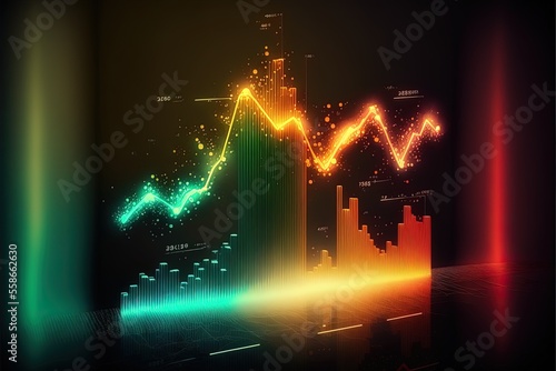 Business economic charts with light effects, neon. Abstract neon background, growth and fall analytics. AI