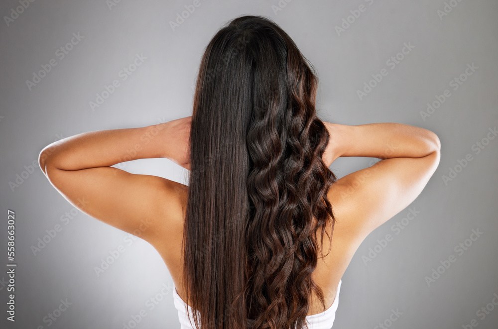Woman back, curly or straight hairstyle on gray studio background for keratin treatment marketing, waves product advertising or grooming. Model, brunette color or healthy growth texture in wellness Woman back, curly or straight hairstyle on gray studio background for keratin treatment marketing, waves product advertising or grooming. Model, brunette color or healthy growth texture in wellness
