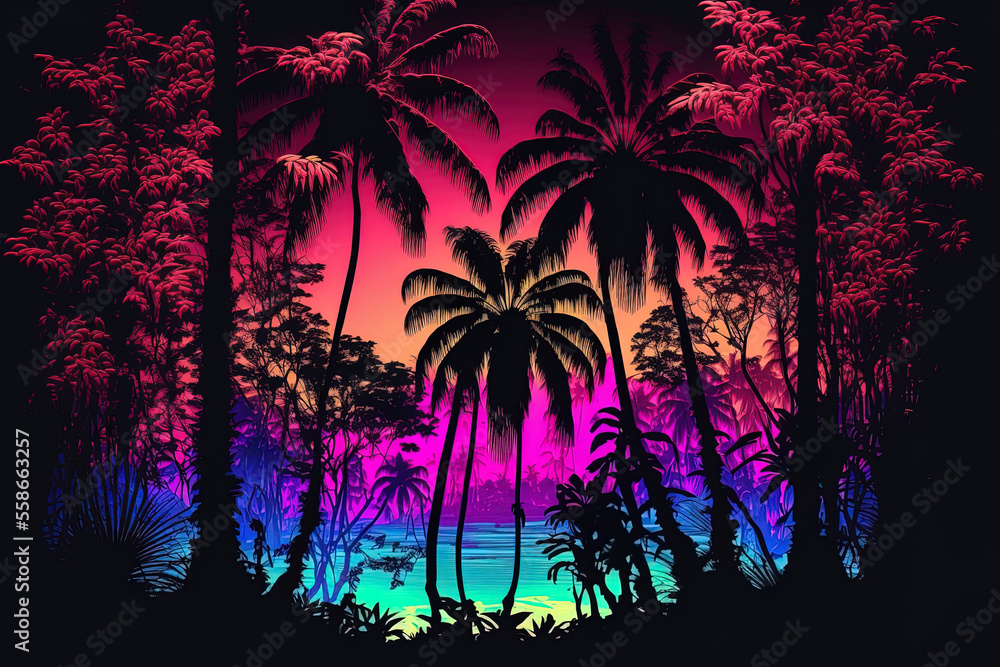 Fantasy neon forest jungle at dusk mysterious surreal woodland lovely neon landscape. Generative AI