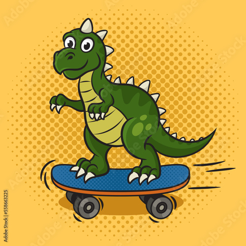 cartoon dinosaur riding skateboard pinup pop art retro vector illustration. Comic book style imitation.