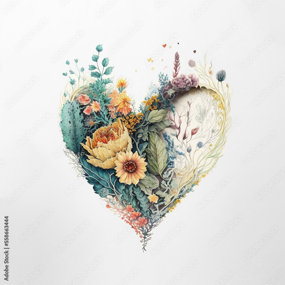 Painting with of a vibrant and colorful heart shaped arrangement of flowers. Generative AI
