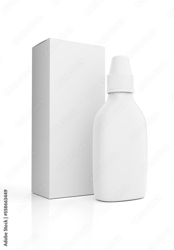 Eye Drop Bottle and Box Mockup isolated on White Background 3D