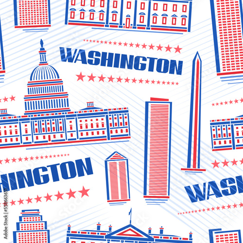 Vector Washington Seamless Pattern, repeating background with illustration of famous washington city scape on white background for wrapping paper, decorative line art urban poster with text washington