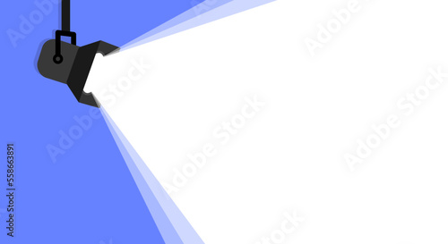 Banner spotlight background. Retro spotlight is glowing on wall. Spotlight on color background. Illuminated lamp advertising poster space for text. Spotlight shining on blue background. Web banner