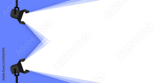 Banner spotlight background. Retro spotlight is glowing on wall. Spotlight on color background. Illuminated lamp advertising poster space for text. Spotlight shining on blue background. Web banner