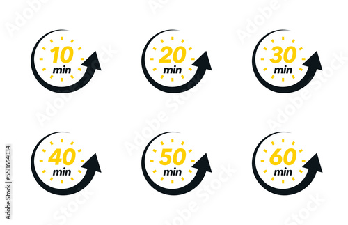10, 20, 30, 40, 50, 60 min. Timer, clock, stopwatch isolated set icons. Timer icon set, modern vector design. Vector illustration photo
