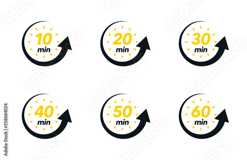 10, 20, 30, 40, 50, 60 min. Timer, clock, stopwatch isolated set icons. Timer icon set, modern vector design. Vector illustration