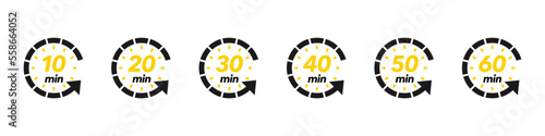 10, 20, 30, 40, 50, 60 min. Timer, clock, stopwatch isolated set icons. Timer icon set, modern vector design. Vector illustration