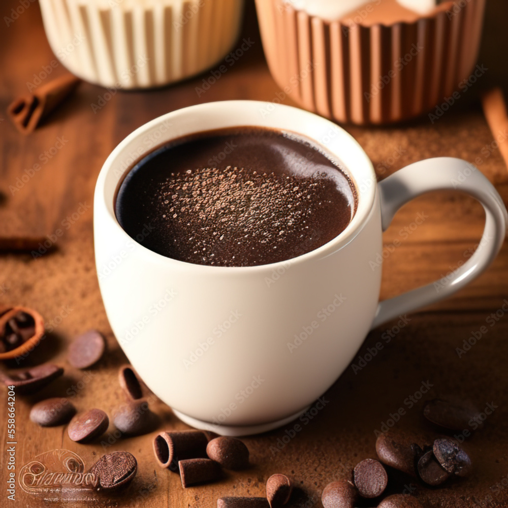 cup of hot chocolate coffee with cocoa, sugar powder and winter spices on cozy wooden background cup of hot chocolate coffee with cocoa, sugar powder and winter spices on cozy wooden background