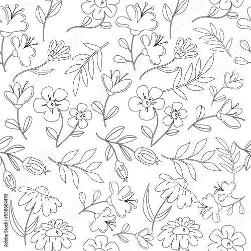 Seamless pattern outline of flowers and leaves.