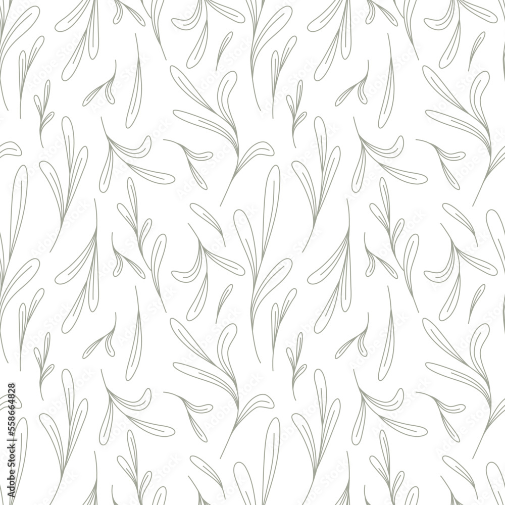 Scandinavian vector seamless pattern of many small hand drawn leaves on white background. Editable outlines. Botanical print. Decorative art element for packaging layout design. Thin contour plant set