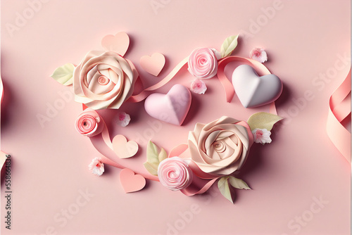 Paper heart with ribbons and flowers roses and chocolates on a pink background, congratulations on the occasion, women's day, valentine's day, February 14, 3d render. Generative AI