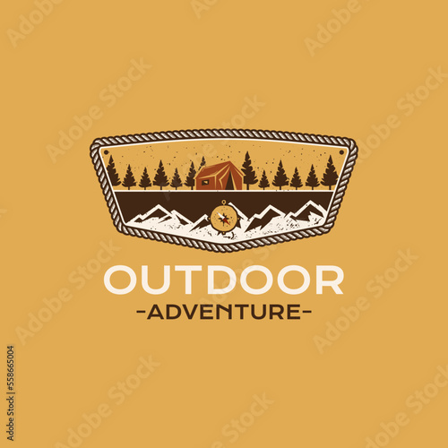 Outdoor Adventure badge design with mountains, tent and landscape. Travel logo graphics. Stock vector camping label isolated on yellow background