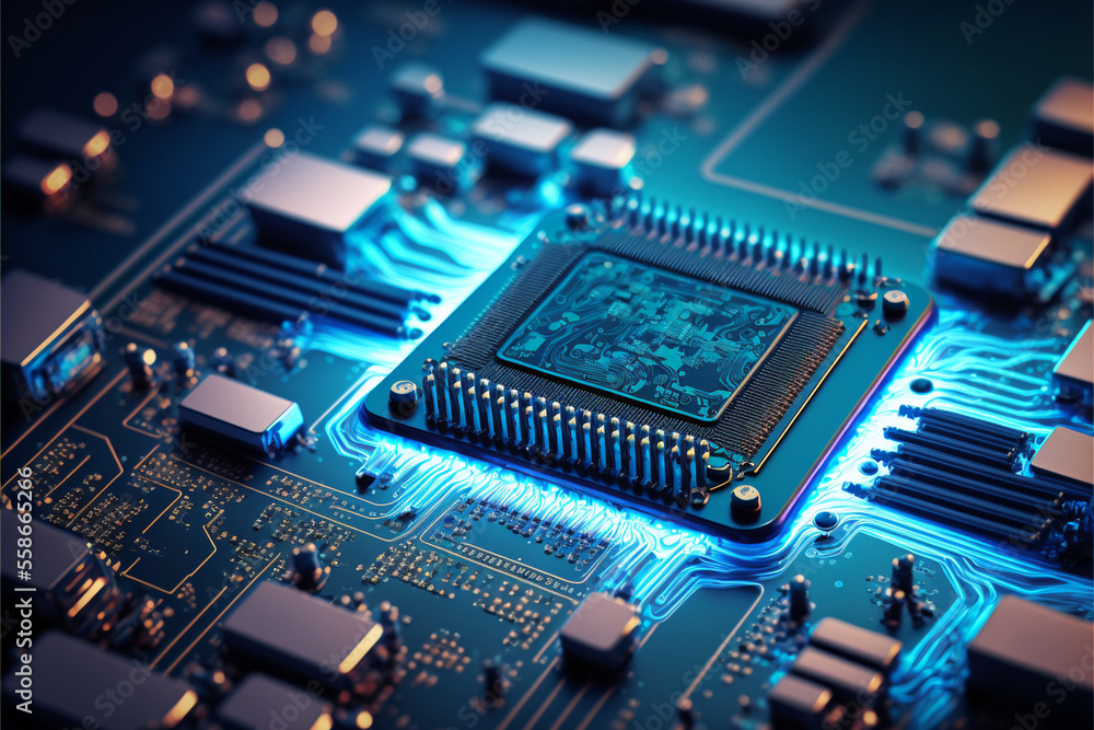 Microchip device, technology and work in the service industry, backlight, neon, blue color, microcircuit for a computer. Generative AI Microchip device, technology and work in the service industry, backlight, neon, blue color, microcircuit for a computer. Generative AI