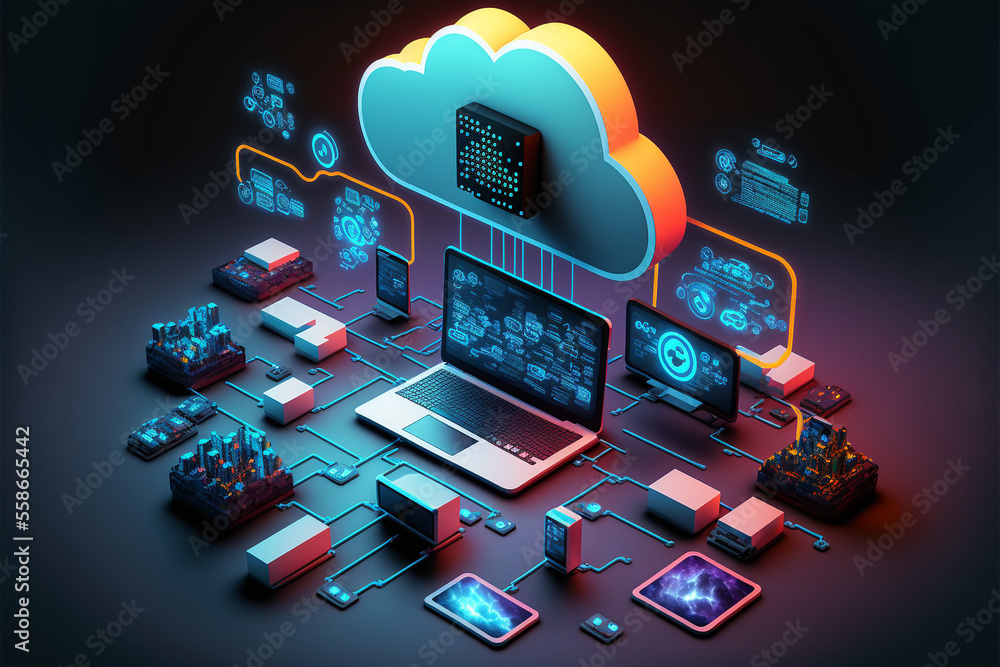 Cloud technologies concept. Data center concept. Modern cloud technologies. Neon rainbow colors, cyber space, isometric illustration network with computer, laptop, tablet and smartphone. Generative AI - obrazy, fototapety, plakaty 
