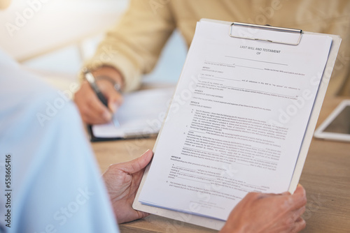 Contract, last will and testament with life insurance, legal document and clipboard in hands with agreement. Compliance with safety and security in retirement or death, reading and sign paperwork photo