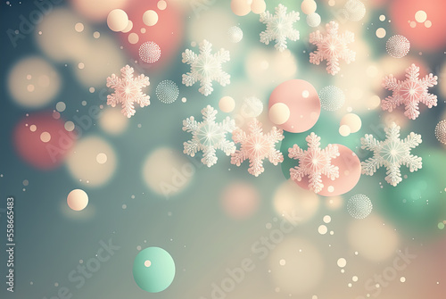 Christmas pastel colorful background with snowflakes and bokeh. Xmas cute banner.