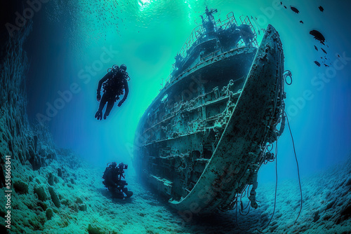 diving on a sunken ship, an underwater seascape, and a shipwreck. Generative AI