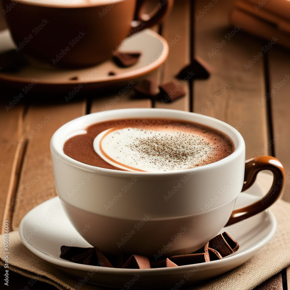 cup of hot chocolate coffee with cocoa, sugar powder and winter spices on cozy wooden background cup of hot chocolate coffee with cocoa, sugar powder and winter spices on cozy wooden background