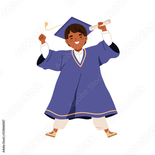 School boy in graduation gown. Happy graduating preschool kid with diploma. A...