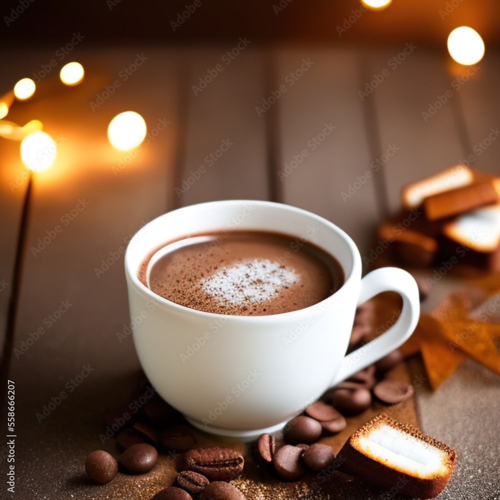 cup of hot chocolate coffee with cocoa, sugar powder and winter spices on cozy wooden background cup of hot chocolate coffee with cocoa, sugar powder and winter spices on cozy wooden background