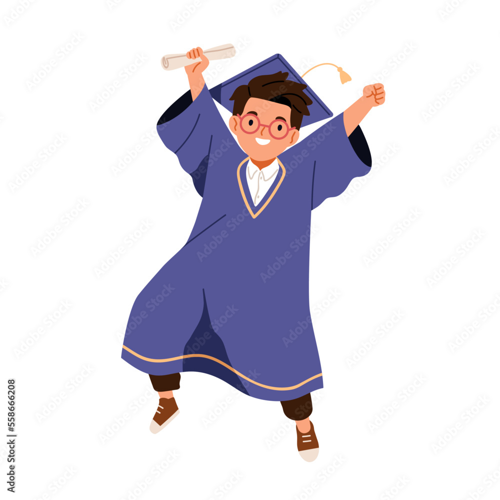 School child in graduation gown, cap. Happy kid student in glasses ...