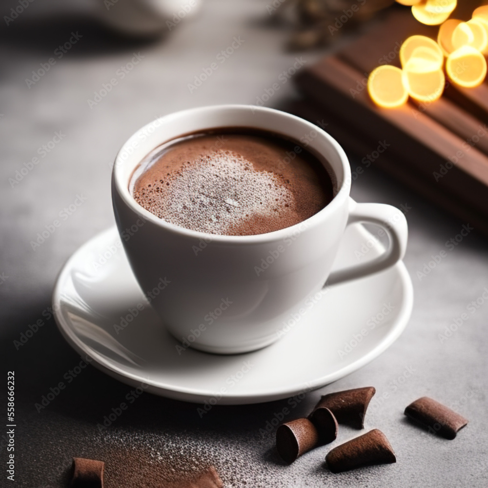 cup of hot chocolate coffee with cocoa, sugar powder and winter spices on cozy wooden background cup of hot chocolate coffee with cocoa, sugar powder and winter spices on cozy wooden background