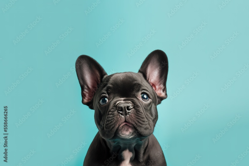 Adorable Black French Bulldog Puppy Isolated On Center Of Pastel Blue Background Generative AI