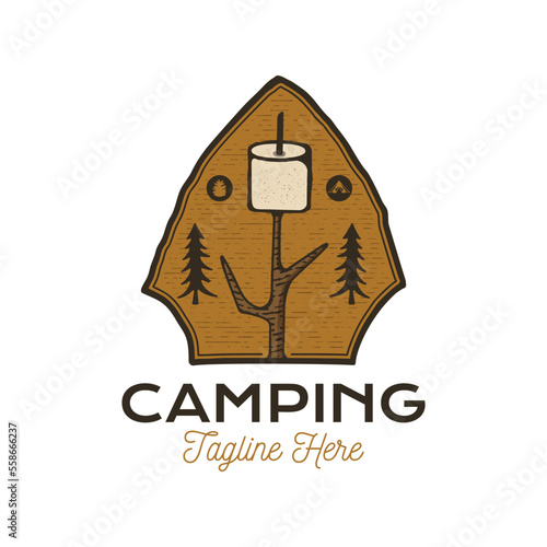Camping Adventure badge design with trees and marshmallow. Travel logo graphics. Stock vector hiking label