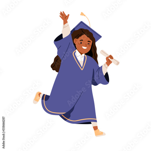 Black girl in graduation gown, cap. School kid graduating with diploma. Happy...