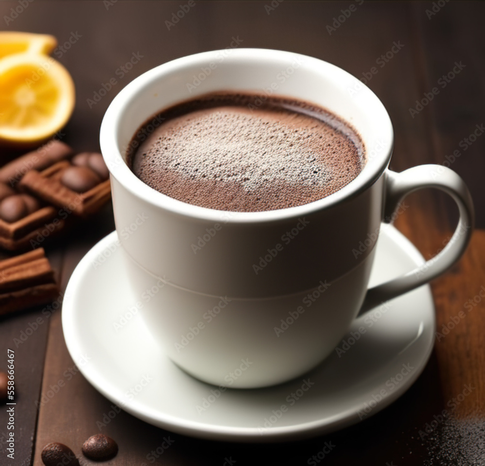 cup of hot chocolate coffee with cocoa, sugar powder and winter spices on cozy wooden background cup of hot chocolate coffee with cocoa, sugar powder and winter spices on cozy wooden background