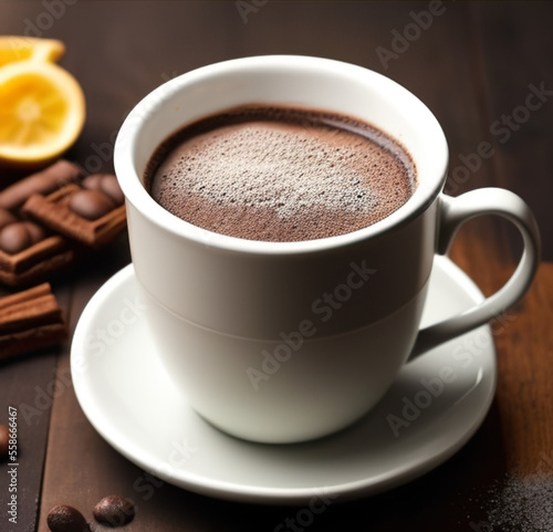 cup of hot chocolate coffee with cocoa  sugar powder and winter spices on cozy wooden background
