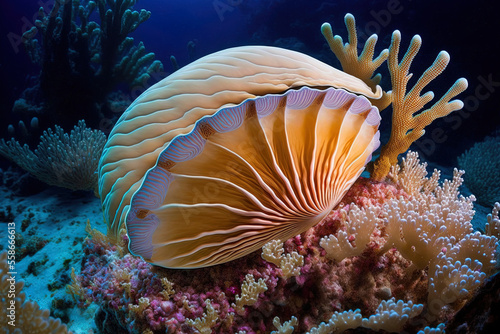 Seashells and underwater creatures are seen in this picture of a crocus huge clam (Tridacna crocea). Generative AI