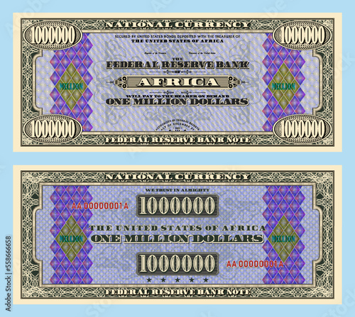 Vector fictional African money with a face value of 1000000 dollars. Obverse and reverse of the banknote with a guilloche frame and a geometric pattern. The United States of Africa. One million