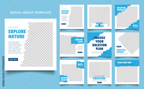 social media template banner travel and vacation service promotion. fully editable instagram and facebook square post frame puzzle organic sale poster