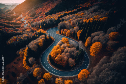 Aerial picture of a mountain road at dusk amid a lovely woodland in the autumn. Drone aerial image of a winding road in the woods. Beautiful scenery with a curvy road and trees that have orange leaves
