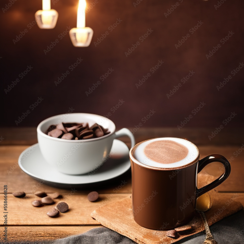 cup of hot chocolate coffee with cocoa, sugar powder and winter spices on cozy wooden background cup of hot chocolate coffee with cocoa, sugar powder and winter spices on cozy wooden background