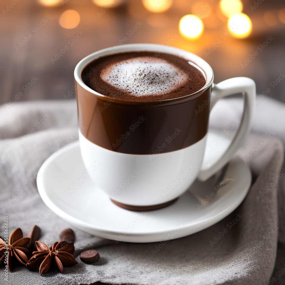 Obraz premium cup of hot chocolate coffee with cocoa, sugar powder and winter spices on cozy wooden background