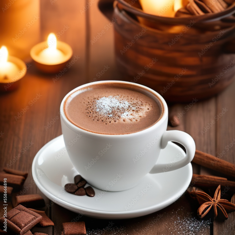 cup of hot chocolate coffee with cocoa, sugar powder and winter spices on cozy wooden background cup of hot chocolate coffee with cocoa, sugar powder and winter spices on cozy wooden background