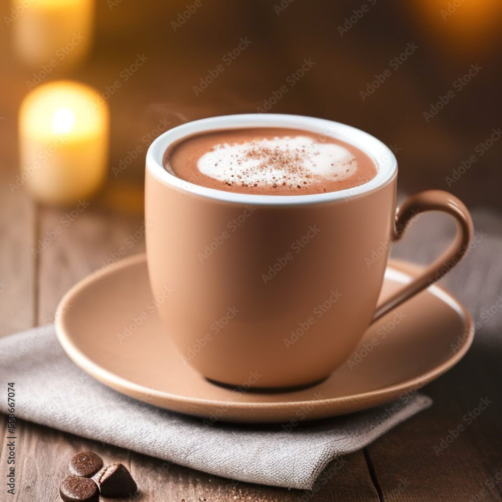 Obraz premium cup of hot chocolate coffee with cocoa, sugar powder and winter spices on cozy wooden background