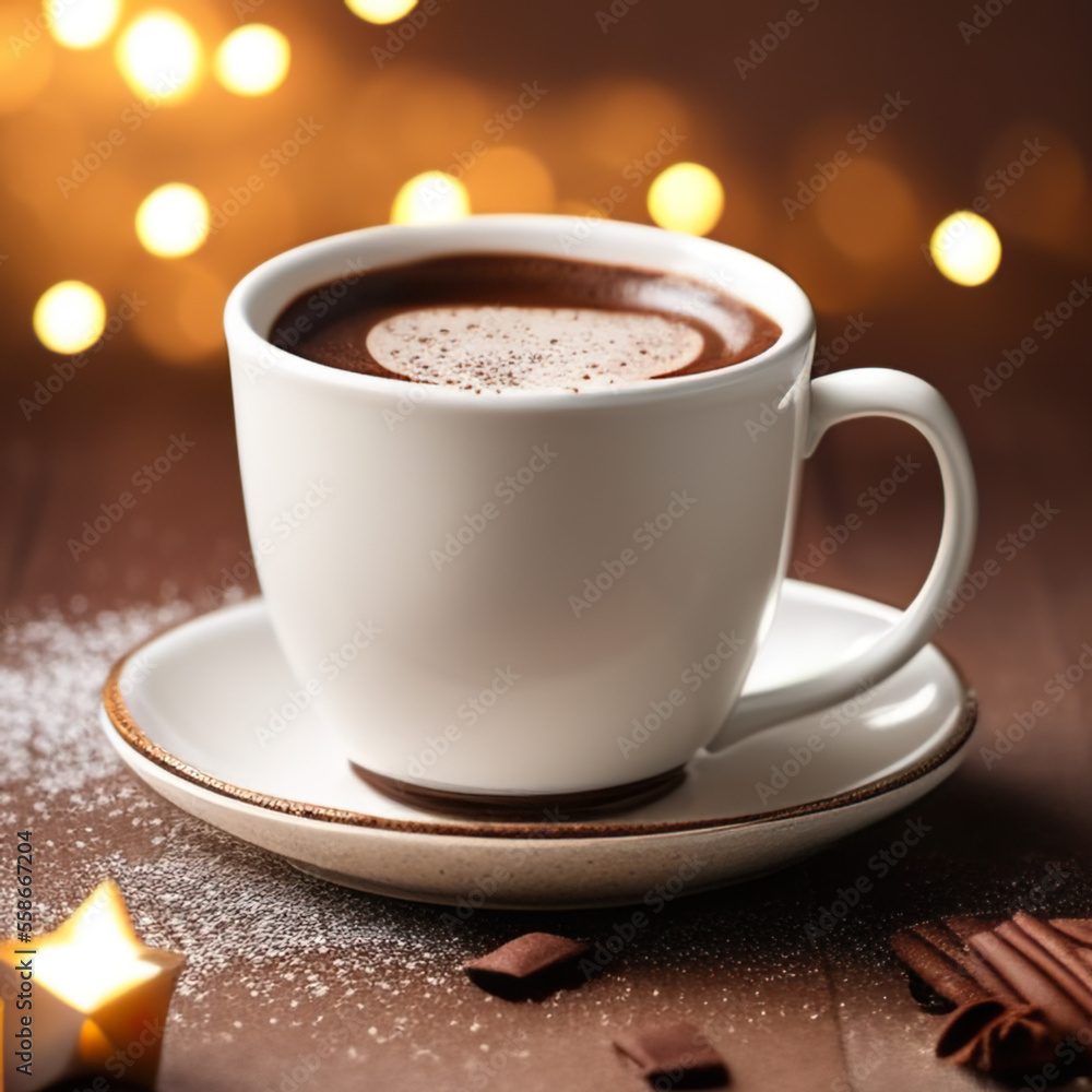 Obraz premium cup of hot chocolate coffee with cocoa, sugar powder and winter spices on cozy wooden background