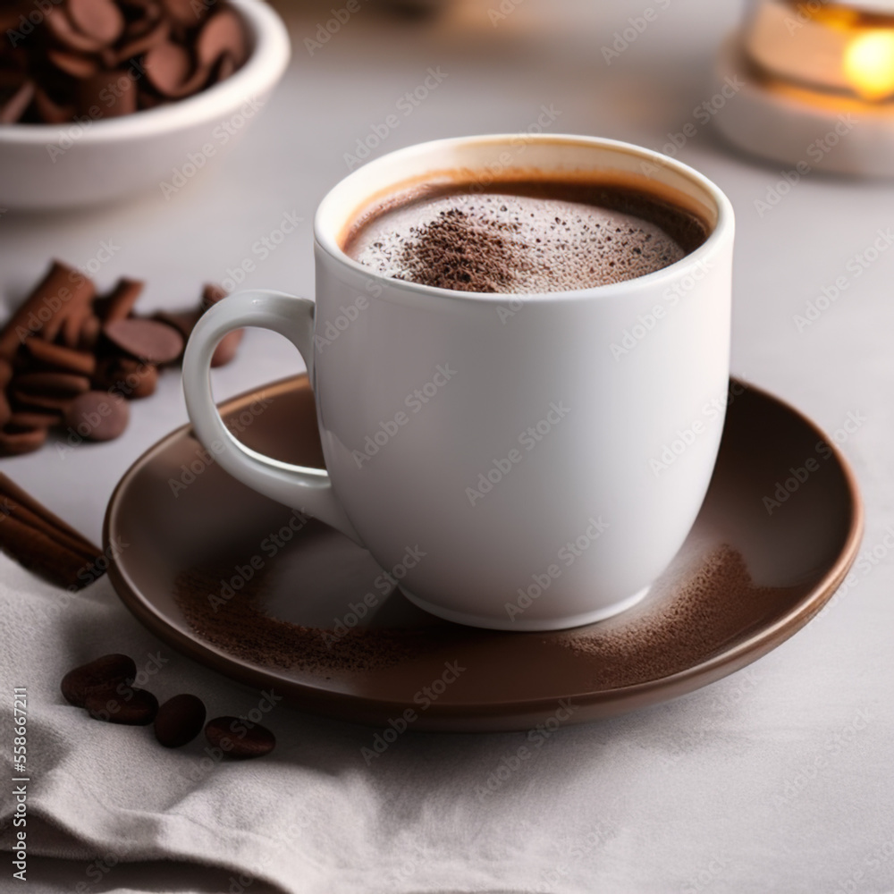 cup of hot chocolate coffee with cocoa, sugar powder and winter spices on cozy wooden background cup of hot chocolate coffee with cocoa, sugar powder and winter spices on cozy wooden background