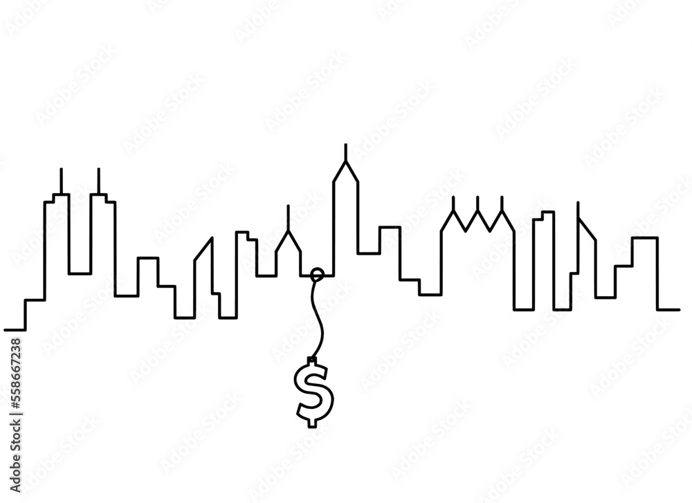 Obraz premium Abstract panoramic landscape with dollar as continuous lines drawing on white. Vector