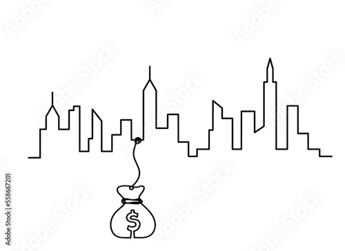 Abstract panoramic landscape with dollar as continuous lines drawing on white. Vector