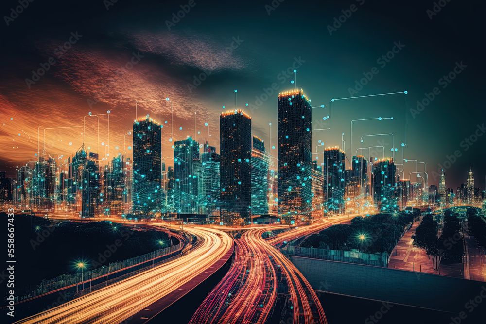 Concept of a smart city and massive data connectivity technology using abstract dot point and line designs. The blur effect is used. Generative AI