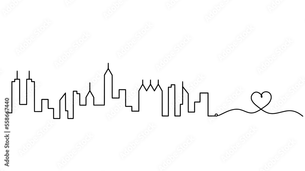 Fototapeta premium Abstract panoramic landscape with heart as continuous lines drawing on white