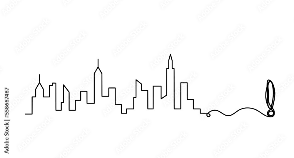 Abstract panoramic landscape with exclamation mark as continuous lines drawing on white