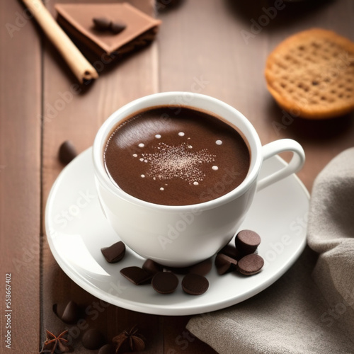 cup of hot chocolate coffee with cocoa, sugar powder and winter spices on cozy wooden background