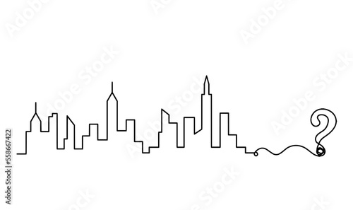 Abstract panoramic landscape with question mark as continuous lines drawing on white. Vector